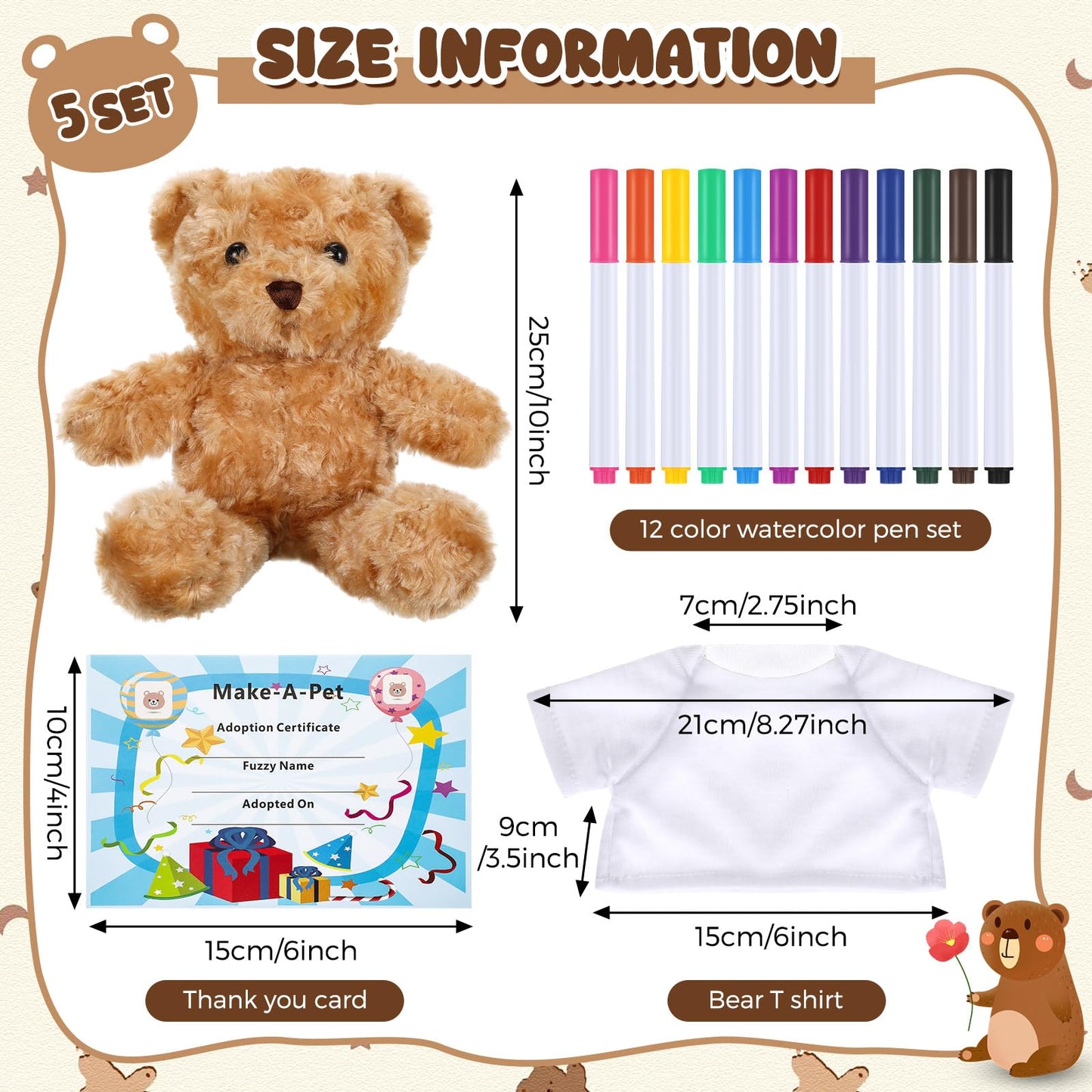 Blueweenly 20 Pcs 5 Set Graduation Make Your Own Stuffed Animal Teddy Bear Kit Including 5 9.84 Inches Velvet Animal with T Shirts and Markers for Graduates DIY Craft Gift(Brown,Bear)