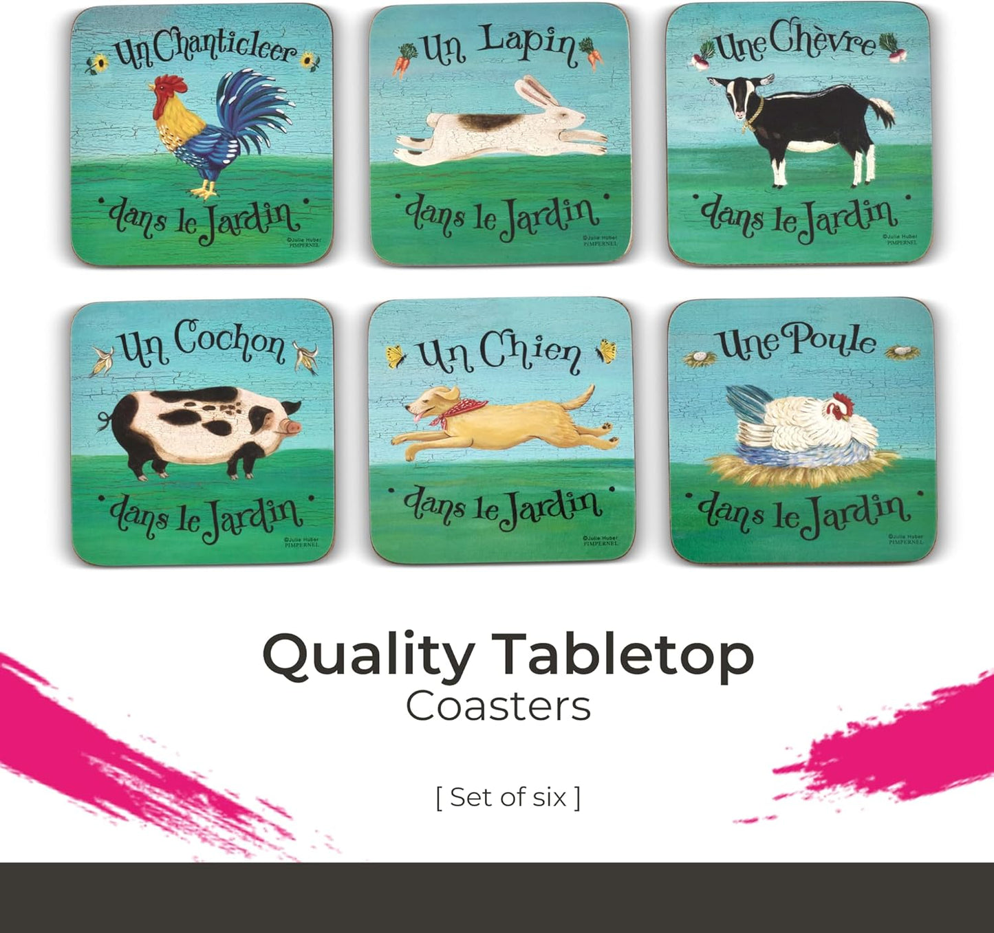 Pimpernel Dans le Jardin Coasters - Set of 6, Cork Backing, Chicken Design for Table Protection