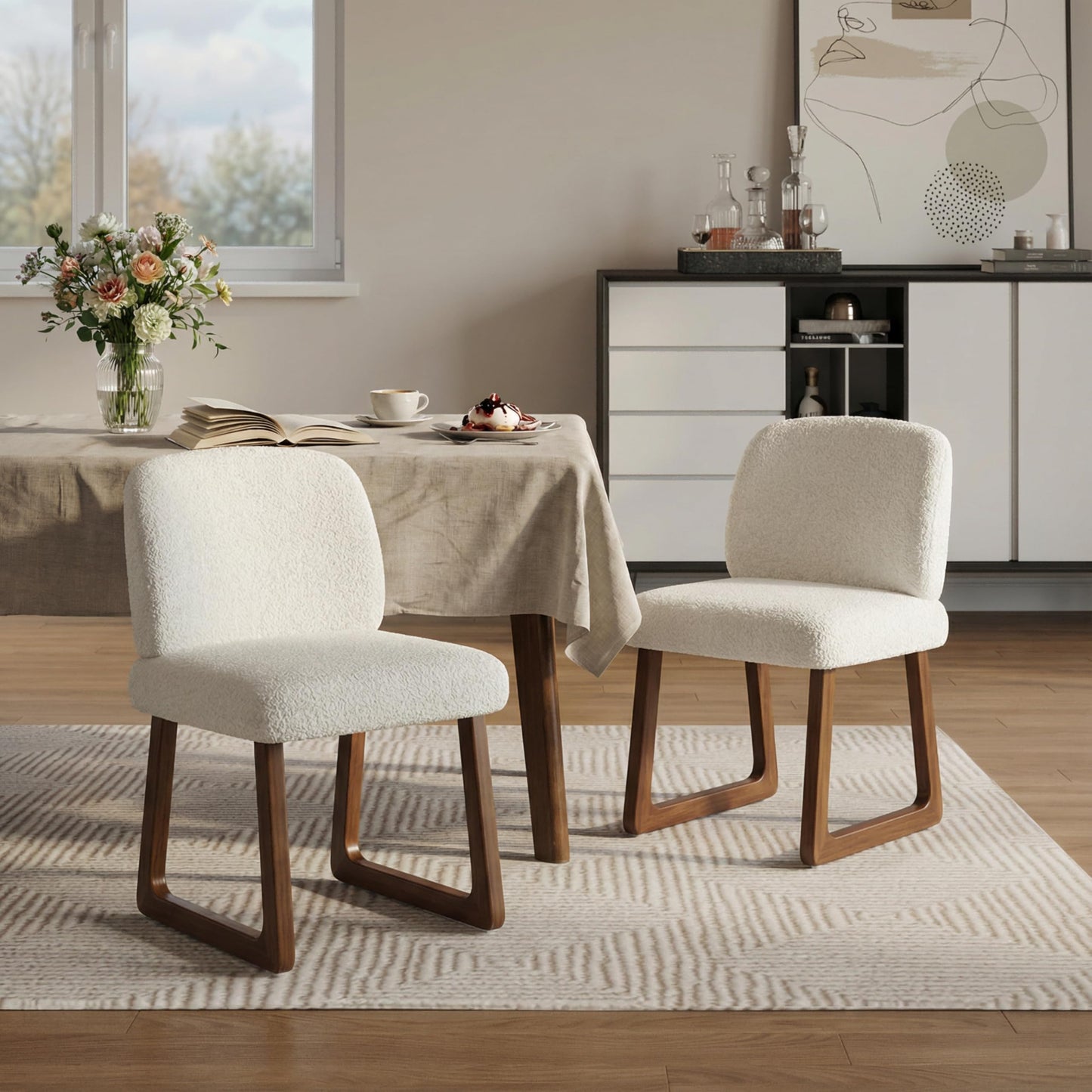 Christopher Knight Home Valora Boucle Upholstered Dining Chairs Set of 2, Modern Dining Chair with Sled Base, Wooden Armless Kitchen Chairs with Solid Back, Extra Seat for Dining Room, Beige + Brown