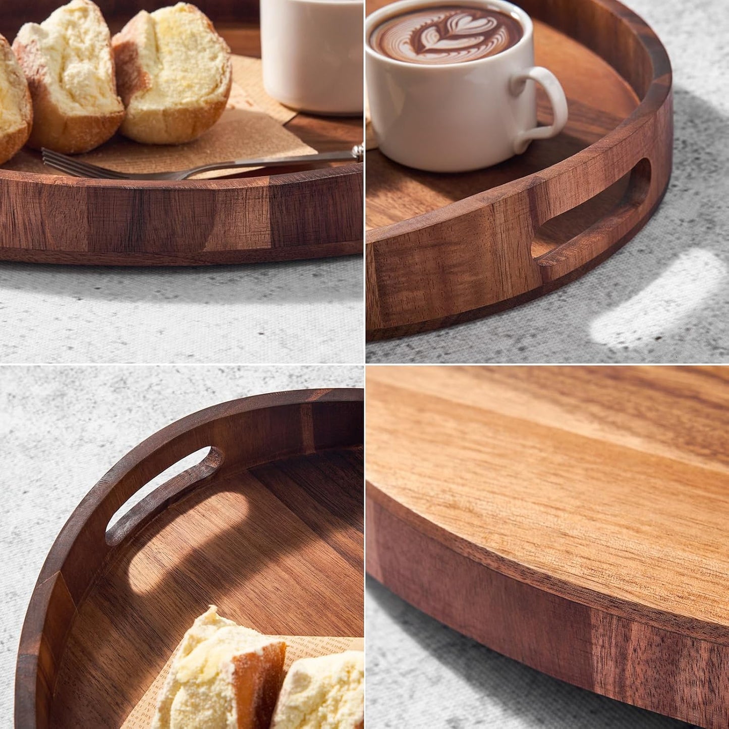SARUFO Counter, Acacia Wood Round Ottoman Tray Decorative Serving Tray with Handles for Coffee Table, Breakfast in Bed