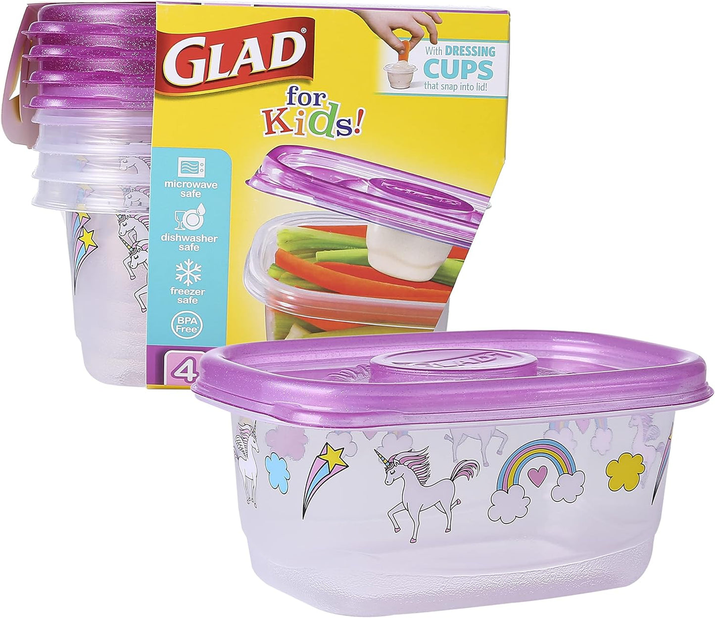 Glad for Kids GladWare Snack Containers, Unicorn Design, BPA-Free Plastic, 24oz, 4 Count, Pink