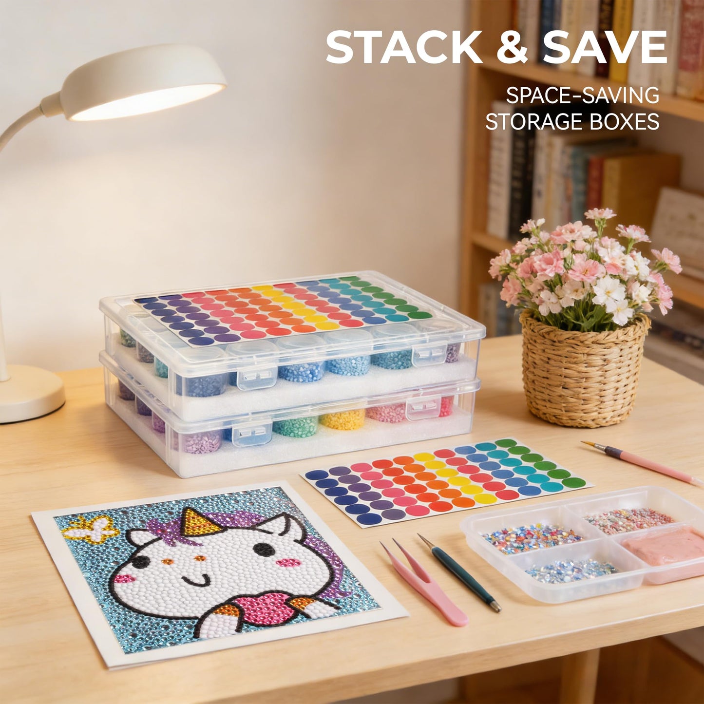 MOLEDINO 48 Slots Diamond Art Storage with 4cm Wide Mouth Jars and Foam Insert, Bead Organizer with Sticker Labels for Diamond Painting Beads (2 Pack)