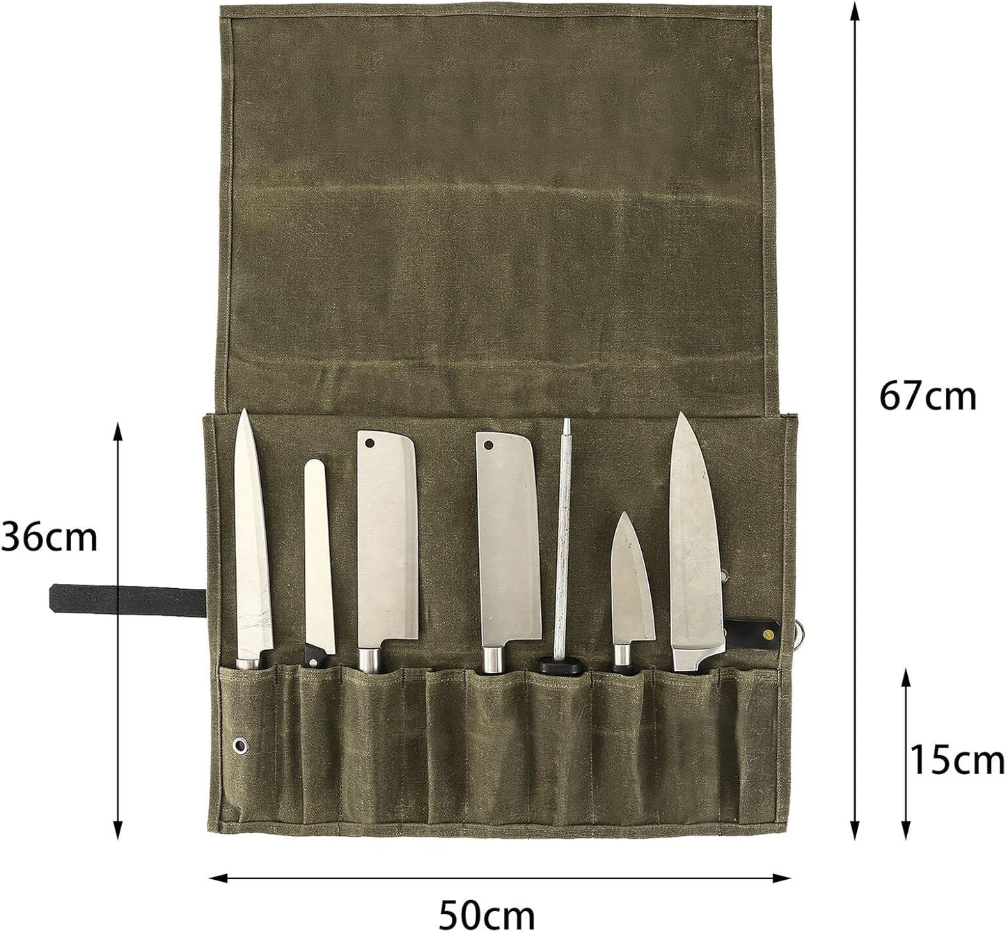 9 Pockets Canvas Chef Knife Roll Bag, Knife Wrap Wallet, Cutlery Knife Pouch Holders for Kitchen Utensils (Army Green)