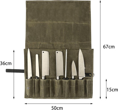 9 Pockets Canvas Chef Knife Roll Bag, Knife Wrap Wallet, Cutlery Knife Pouch Holders for Kitchen Utensils (Army Green)