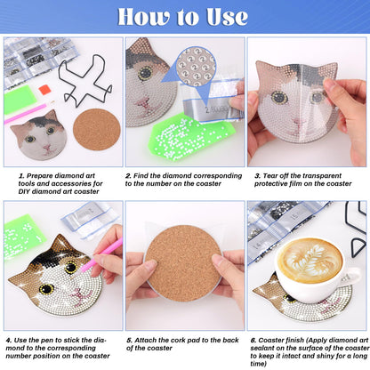 Billbotk 8 Pieces Diamond Painting Coasters Kit with Holder, Diamond Art Coasters, DIY Diamond Art Crafts Projects, Diamond Dot Kits for Adults and Beginners(Cat Style)