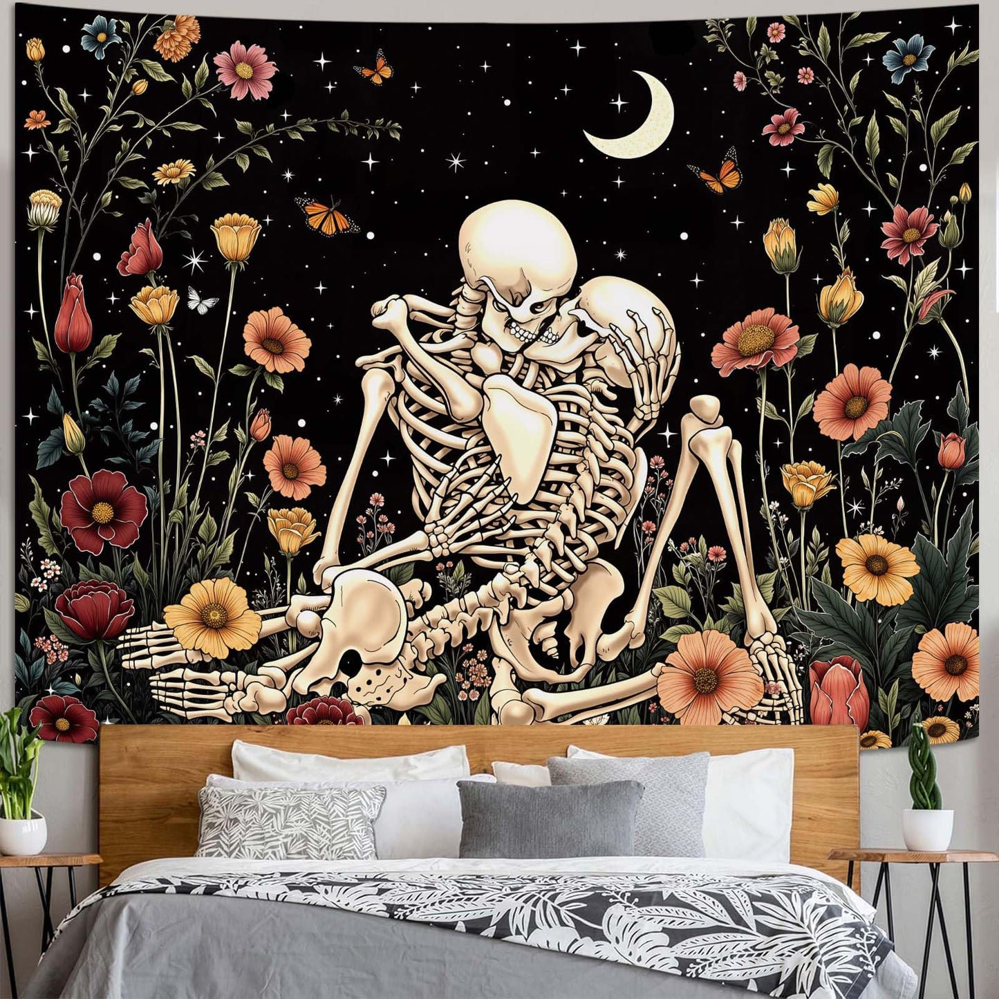 Haibimen Skeleton Tapestry Wall Hanging Dark Romance Moon Stars Butterfly Floral Skull Gothic Tapestries for Bedroom Aesthetic Wallpaper Decor for Living Room, Dorm (Black 1, 60''×44'')