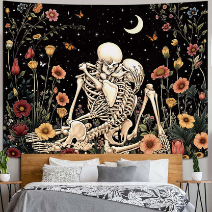 Haibimen Skeleton Tapestry Wall Hanging Dark Romance Moon Stars Butterfly Floral Skull Gothic Tapestries for Bedroom Aesthetic Wallpaper Decor for Living Room, Dorm (Black 1, 60''×44'')
