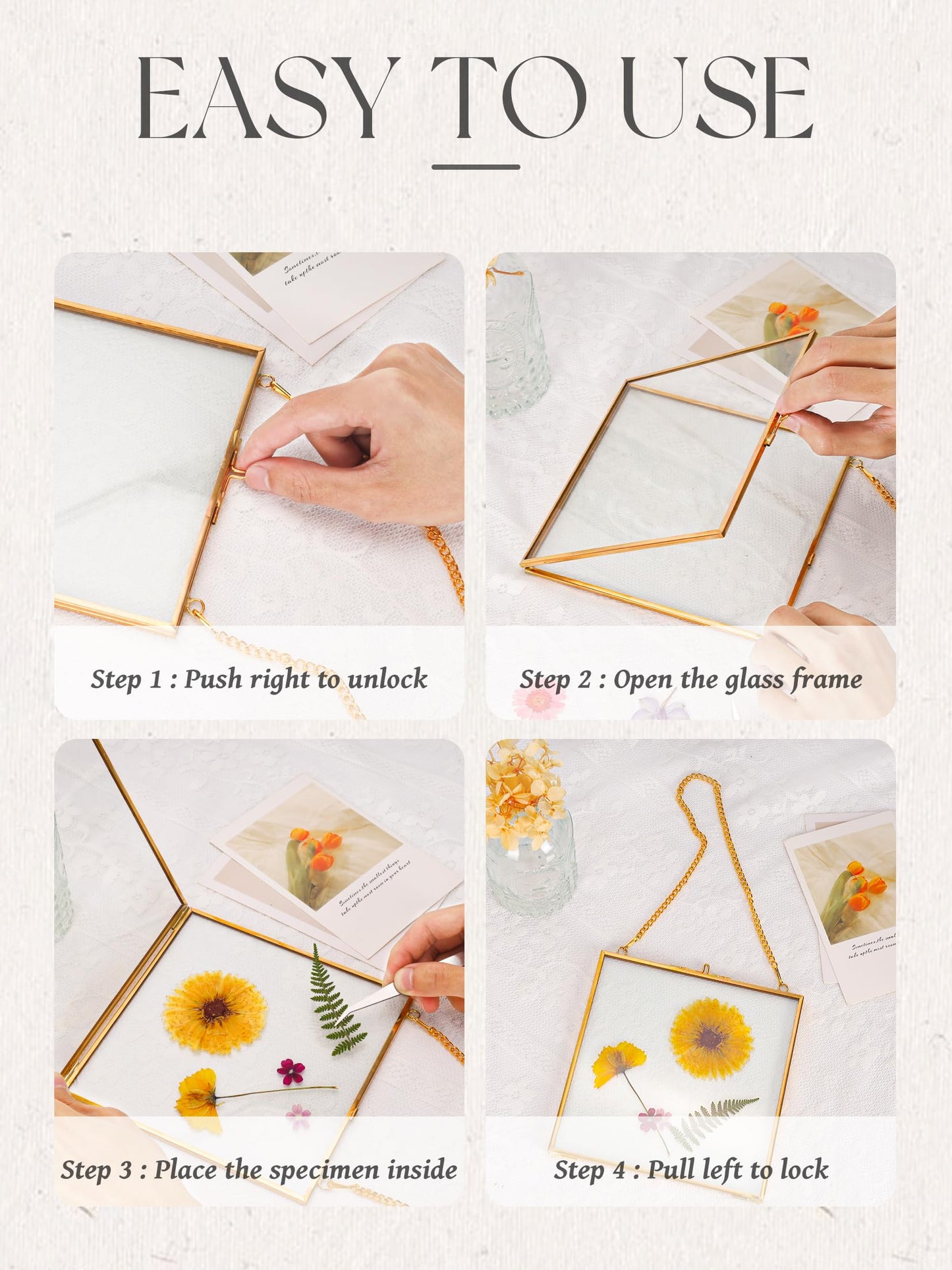 REDHUGO Glass Pressed Flower Frames,Vintage Hanging Picture Frames with Chain,Handmade Brass Floating Picture Frame,Plant Specimen Wall Ornament Display Artwork DIY Family Photo,Square,Gold,4x4 Inches