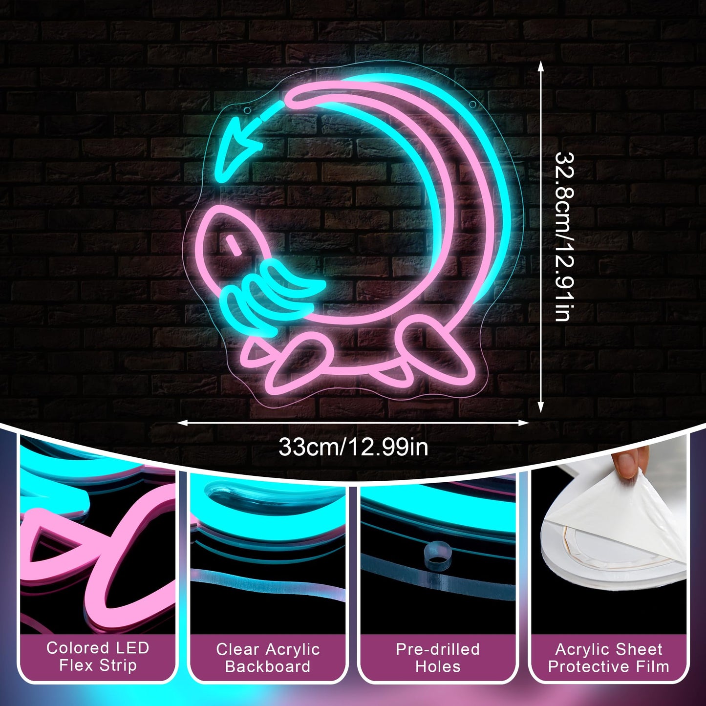 Pink Axolotl Moon Neon Sign for Wall Decor - Cute Animals Kawaii Neon Acrylic USB Powered LED Wall Art Decor, Light Up Sign Dimmable, for Axolotl Lovers Children's Room Kids Birthday 12.99" × 12.91"