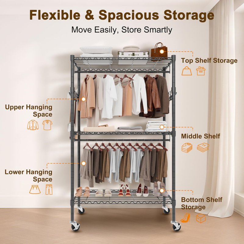 Whitmor 3 Tier Rolling Garment Rack, Heavy Duty Adjustable Metal Clothing Rack with Side Hooks, Double Rods & 360° Lockable Wheels, Max 600LBS for Hanging Clothes, 43" L x 18" W x 80" H, Black