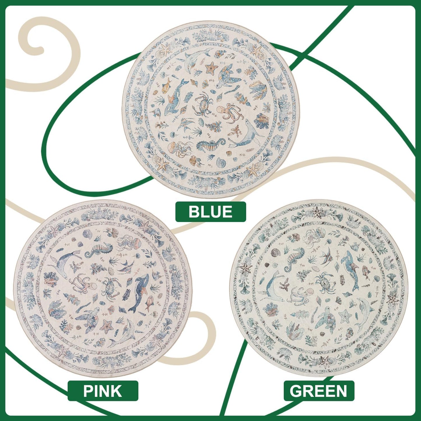 5' Soft Marine Animal Washable Faux Wool Stain Resistant Rug Rubber Non-Slip Backing for Playroom Bathroom Living Room