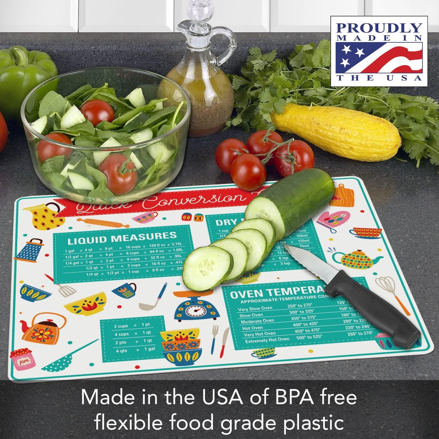Cut N' Funnel Quick Conversion Measurement Chart on Flexible Cutting Board Mat, BPA Free, Made in the USA