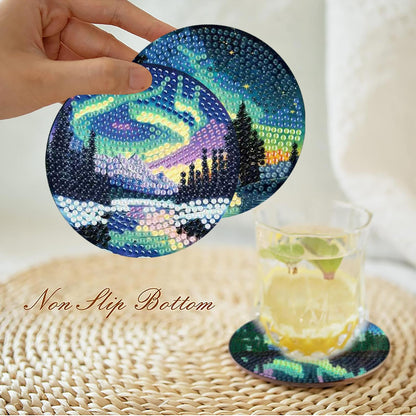 8 Pcs Aurora Diamond Art Coasters Kits with Holder, Landscape Diamond Painting Coasters Kits for Adults, DIY 5D Nature Scenery Diamond Dots Small Mini Kit Full Drill Art Craft Supplies 4X4 Inch