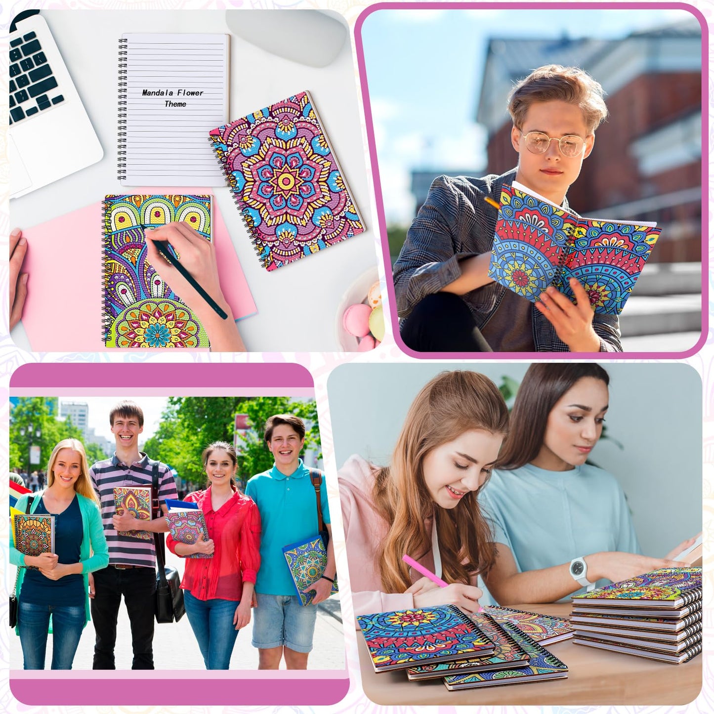 Fullhawl 6 Pack 5D DIY Diamond Art Notebook Kits for Adults Beginner A5 Leather Diamond Painting Gift for Women Art Cover Notepad Sketchbook Journal Crafts Accessories with Tool(Mandala)