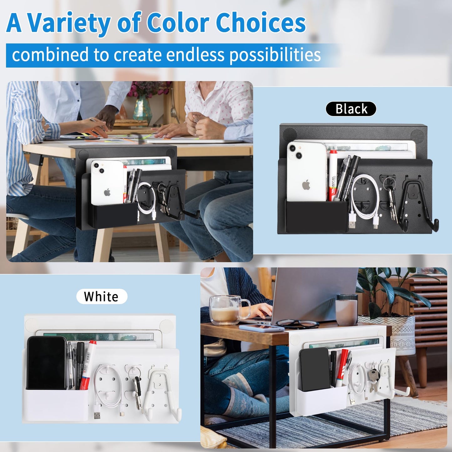 Desk Side Storage Under Desk Laptop Holder, No Drill Hanging Desk Organizer with Pen Holder, Clamp-On Table Side Tray Desktop Organization Mount for Office and Home (White)