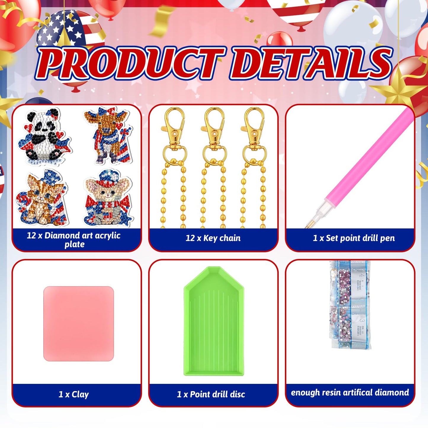 WILLBOND 30 Pcs 4th of July Animals Diamond Art Keychain Kits for Adults Independence Day Patriotic Diamond Painting Keyring Double Sided American Flag Red White Blue Hanging Ornaments for DIY Crafts