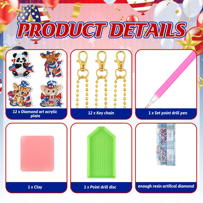 WILLBOND 30 Pcs 4th of July Animals Diamond Art Keychain Kits for Adults Independence Day Patriotic Diamond Painting Keyring Double Sided American Flag Red White Blue Hanging Ornaments for DIY Crafts