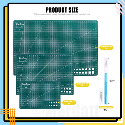 Mardatt 3Pcs A3 A4 A5 PVC Self Healing Cutting Mat with Precision Carving Knife, 5-Ply Double Sided Non-Slip Cutting Board Mat with Grid for Crafts Sewing Quilting Fabric（Green）