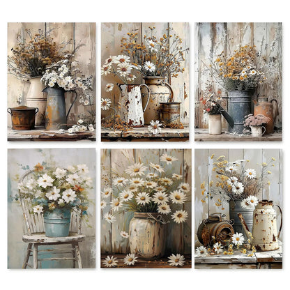 Diamond Art Kits for Adults Beginner 6 Pack Rustic Farmhouse Daisy Painting Diamond Painting Kits 5D Diamond Dots Gem Art Crafts with Tools Round Full Drill Funny Crafts for Home Wall Decor 12x16inch