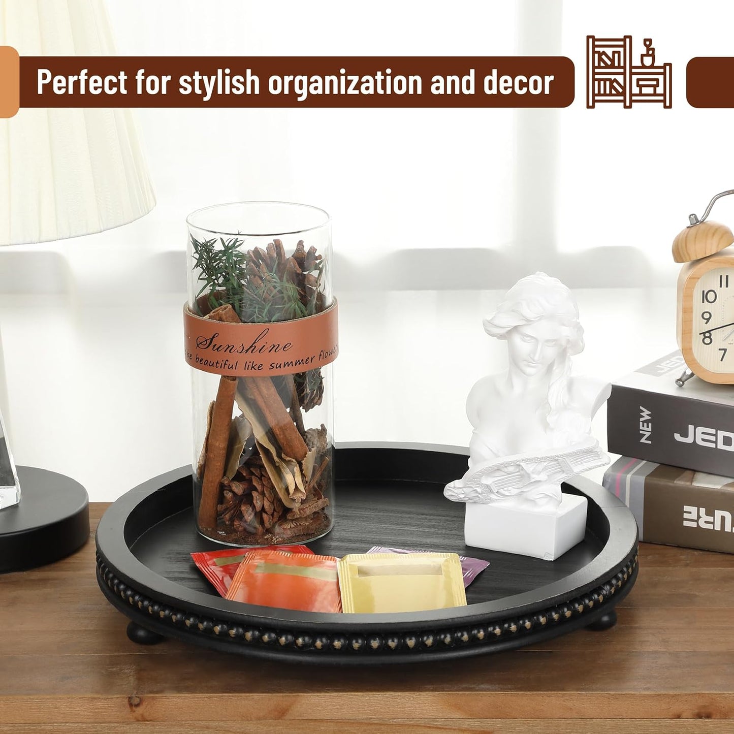 12", Bamboo Land- Round Decorative Trays for Coffee Table, Black, Wood Tripod & Beaded Design, Wooden Round Tray