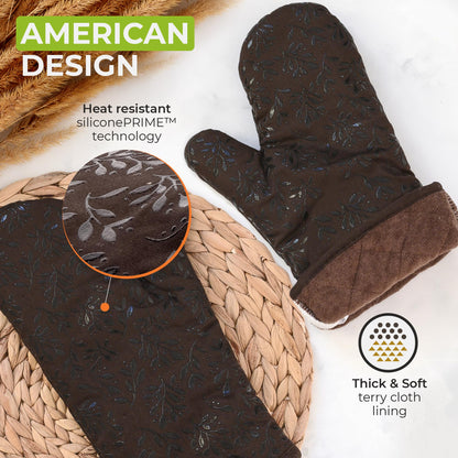 Premium Heat-Resistant Oven Mitts - Stylish and Beautiful - Non-Slip Platinum Silicone Grip - Long and Thick - 100% Natural Cotton Exterior and Soft Terry Cloth Lining - Cook'n'Chic Set of 2 - Brown