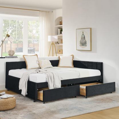 Ball & Cast Full Size Daybed with Two Storage Drawers,Velvet Upholstered Day Bed Frame with Channel Tufted Backrest & Armrest,Wood Slats Support,No Box Spring Needed,for Bedroom Guestroom,Black