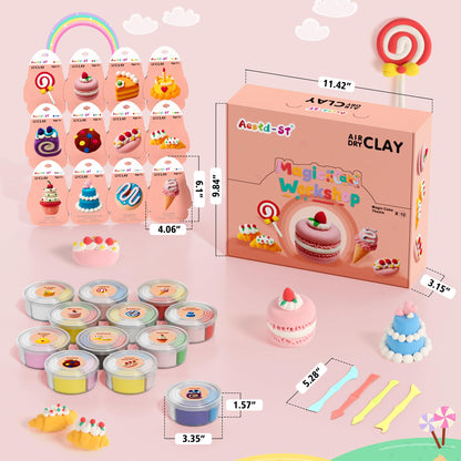 Air Dry Clay Kit - Cake Themed, Modeling Clay for Kids, Dessert DIY Model Magic Clay with Tools and Tutorials, 12 Boxes Molding Clay, Ultra Light, Soft & Non-Sticky, Arts and Crafts Gifts for Kids