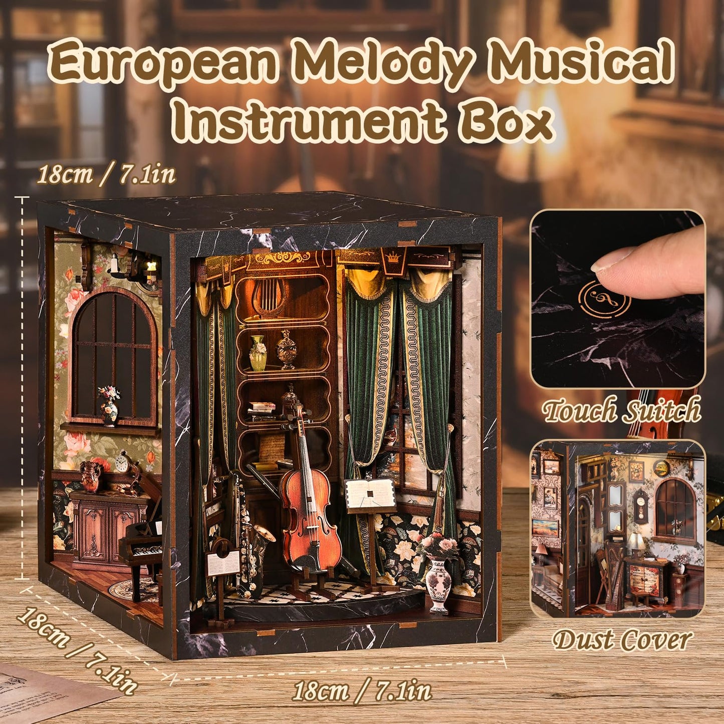 Book Nook Kit for Adults,360° View DIY Miniature Dollhouse Kit with LED, Classical Music Room 3D Wooden Puzzle Bookshelf Insert Decor, Creative Hobby Gift for Teens and Men