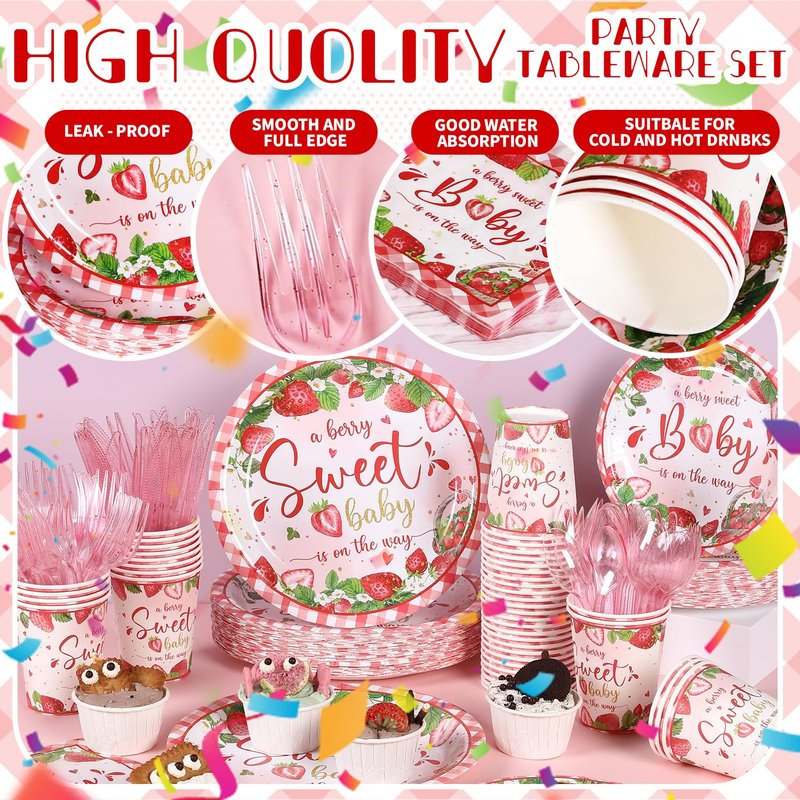 350 Strawberry Baby Shower Decorations for 50 Guests A Berry Sweet Baby is On The Way Party Supplies for Girls Disposable Dinnerware Set Paper Plates Napkins Cups