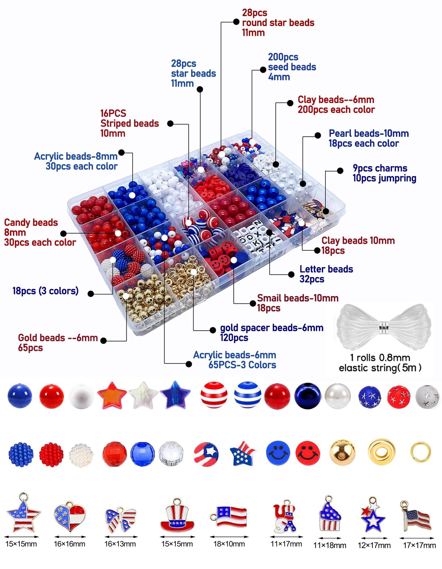 1461Pcs Red White Blue Beads for Bracelet Making Kit 4th of July Patriotic Beads for Jewelry Making Independence Day Clay Stars Acrylic Pearl Letter Bead with America Flag Heart Hat Pendant Charms
