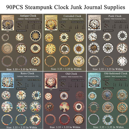 CraftBloom 90PCS Steampunk Clock Junk Journal Supplies, Vintage Cardstock Clock Faces with Movable Hands & Metal Brads, DIY Scrapbook Embellishments for Junk Journal, Collage, Mixed Media Craft