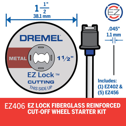 Dremel EZ406-02, EZ - Lock Starter Kit, 1 1/2-Inch (38.1 mm) Wheel Diameter, 5 Piece Fiberglass Reinforced Cut-Off Wheels and EZ402 Mandrel Included, Rotary Tool Cutting Disc Accessories