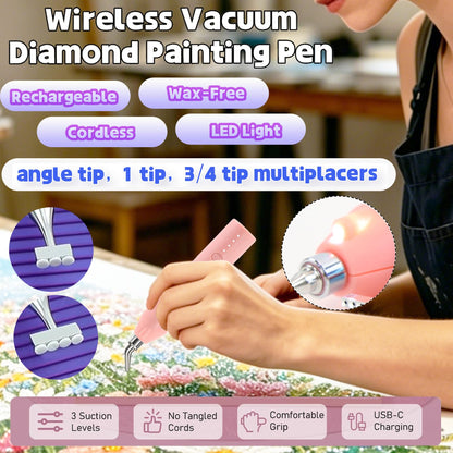 Electric Diamond Painting Pen with Light, Cordless Diamond Art Vacuum Pen no Wax Needed, Rechargeable Diamond Art Pen, Steel Screw Multi-placer, 3-Speed, Diamond Art Accessories with Cutter (Pink)
