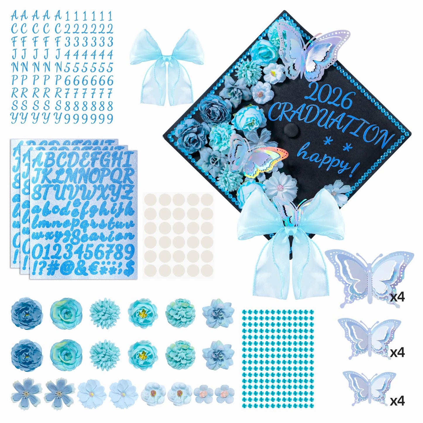 39Pcs Graduation Cap Decorations Kit Blue Artificial Flowers 3D Butterfly Stickers Blue Satin Bow Glitter Rhinestones Alphabet Letter Number Stickers for 2026 Graduation Party Supplies