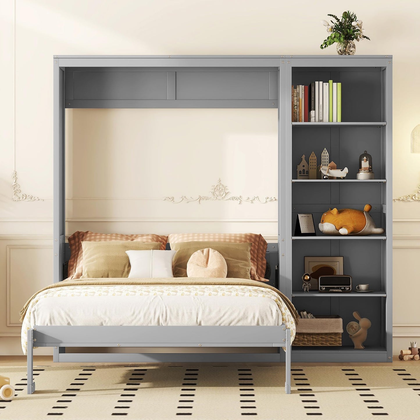 PacknWood Acosure Queen Size Murphy Five-Layer Cabinet,Bedroom Solid Wood Storage Hidden Wall Beds Frame W/Dual Piston Metal Folding Mechanism Designed,for Home Office,Study,Guest Room,Gray
