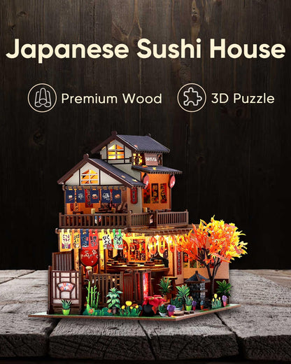 DIY Miniature House Kit, DIY Dollhouse Kit for Adults to Build, Mini Magic House Miniature kit, Model Building Book Nook Diorama Kit, Ideal Gifts for Birthday Christmas(Japanese Sushi House)