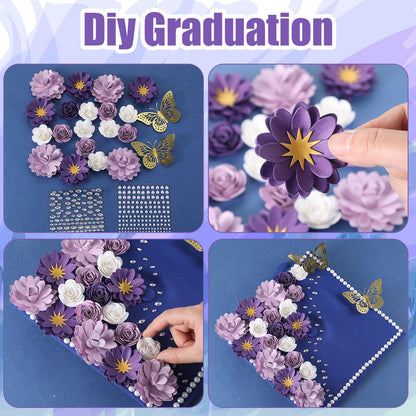 MotiMind 39 Pcs Graduation Cap Decorations Kit Including 25 Rose Heads Paper Flowers 12 3D Gold Butterfly Stickers 1 Self Adhesive Pearl 1 Rhinestones Stickers for DIY Graduation Cap(Purple)