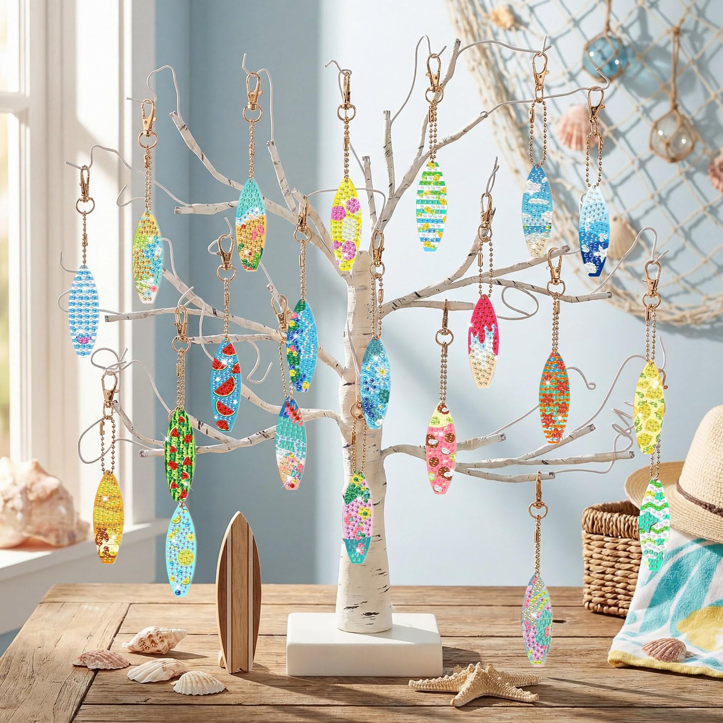 Huquary 30 Pcs Summer Diamond Art Keychains Surfboard Diamond Painting Keychain Kits for Aldults Double Sided 5d Rhinestones Beach Hawaiian Luau Party Hanging Ornaments for Beginners DIY Crafts
