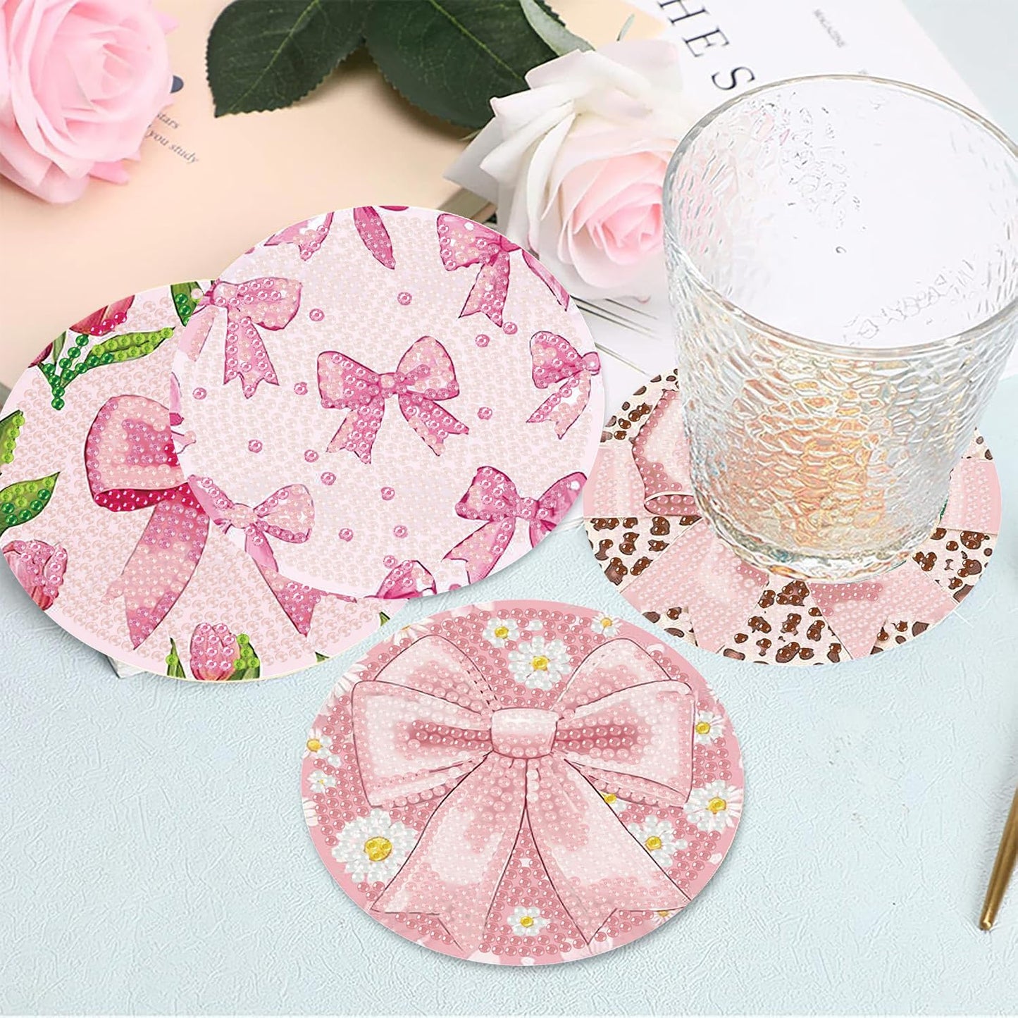 HHMATITS 8 Pcs Diamond Art Coasters Kit, Pink Bow Diamond Art Coaster with Holder Cork for Adults Beginners, 5D DIY Full Round Diamonds Painting Coasters Kit for Gifts 4X4 Inch