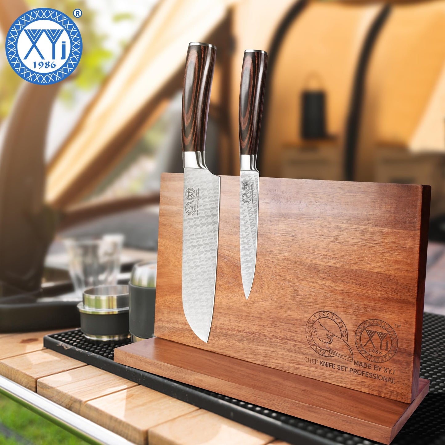 XYJ Authentic Since 1986, Magnetic Knife Block, Double Side Kitchen Knife Stand, Acacia Wood, Magnetic Knife Holder with Strong Enhanced Magnets,Knives Storage Rack Stand for Home Kitchen