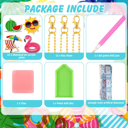 12 Pieces Summer Diamond Painting Keychain 5D DIY Diamond Painting Kit Summer Hanging Diamond Art Kits Diamond Art Summer Ornaments for Kids Summer Crafts Family Decor (Summer Style)