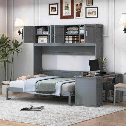 Merax Queen Size Wall Murphy Bed with Desk and Storage Shelves and Big Cabinets for Guest Room, Bed Room, Guest Room, Home Office, Gray