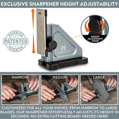 PATENTED ORIGINAL ADJUSTABLE ROLLING KNIFE SHARPENER KIT: Adjustable Height, 30 Angle Options, 5 Removeable Whetstone Plates, Leather Strop with Travel Case - Kitchen Knife Sharpener