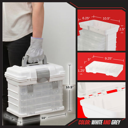 Portable Tool Box - Small Parts Organizer with Drawers and Customizable Compartments for Hardware, Fishing Tackle, Beads or Crafts by Stalwart (White)