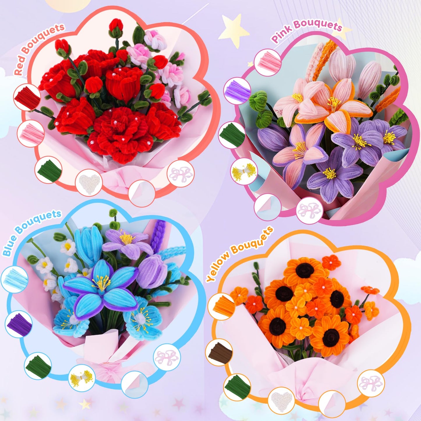 900 PCS Pipe Cleaners Craft, Pipe Cleaner Bulk Flower Kit 14 Colors Chenille Stems Flower Making Kit with Greeting Card, Floral Wires, Tape, Stamen, Floral Wrapping Paper & Ribbon for Art DIY Flowers