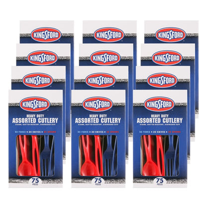 Kingsford Assorted Plastic Cutlery Set, Full Size Disposable Forks Knives & Spoons, Heavy Duty Reusable Dishwasher Safe Utensils for BBQ, Picnics, Parties & Daily Meals, Red White Blue, 75 Ct - 12 Pk