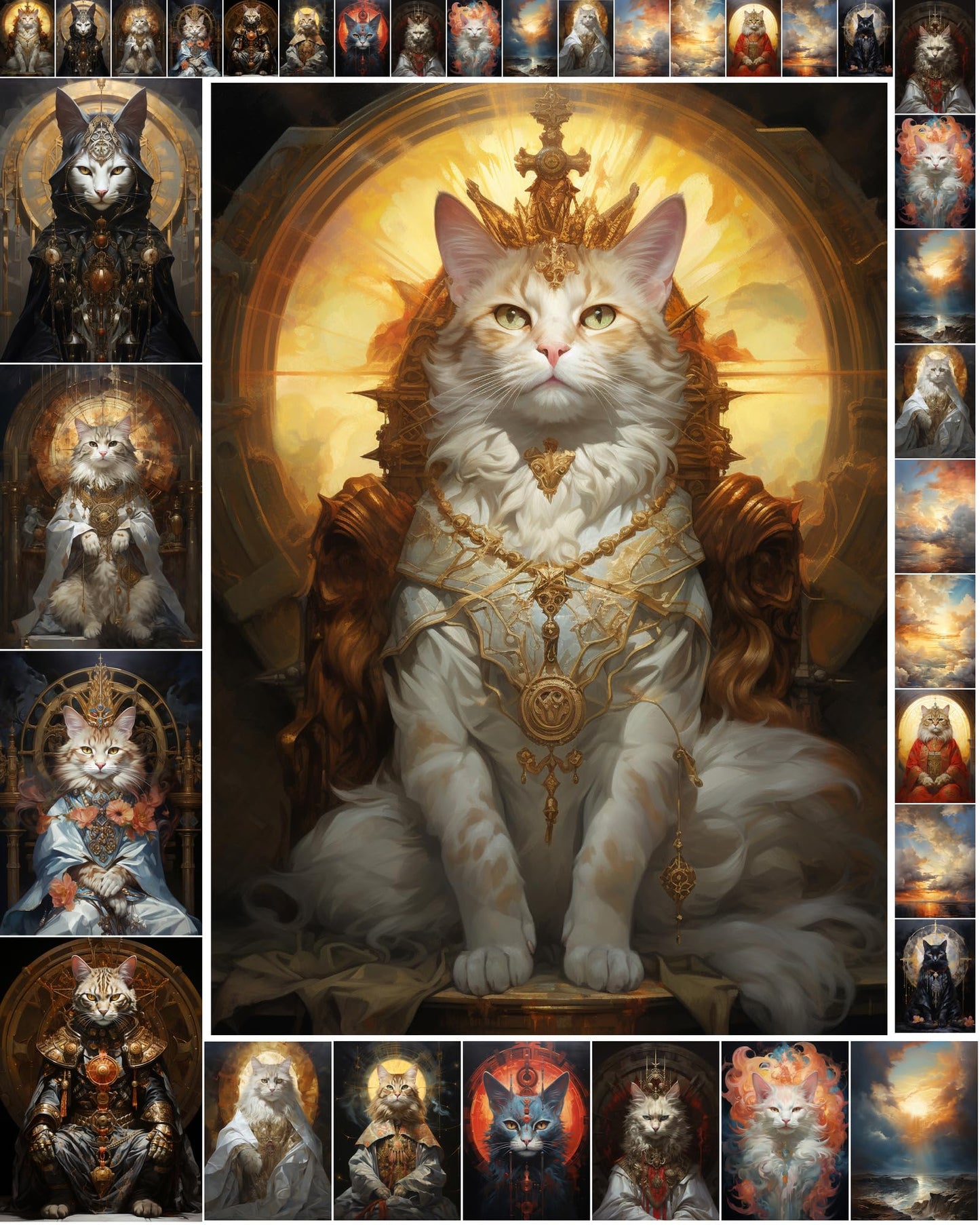 Decoupage Paper Pack (35 Sheets 6"x8") Funny Holy Cats Under Incredible Sunsets FLONZ Vintage Illustration Pictures Cards for Decoupage, Craft and Scrapbooking
