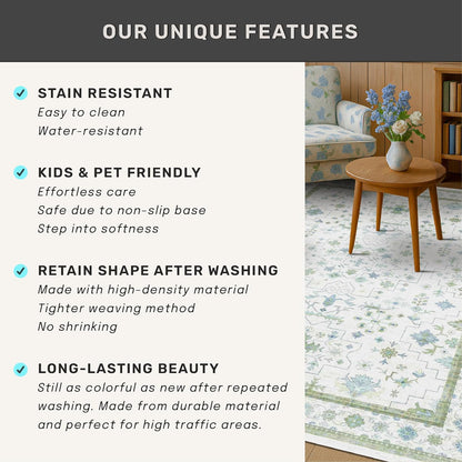 Regine Switzerland Large 8x12 Area Rug - Washable Non-Skid Geometric Floral Design in Cream Green