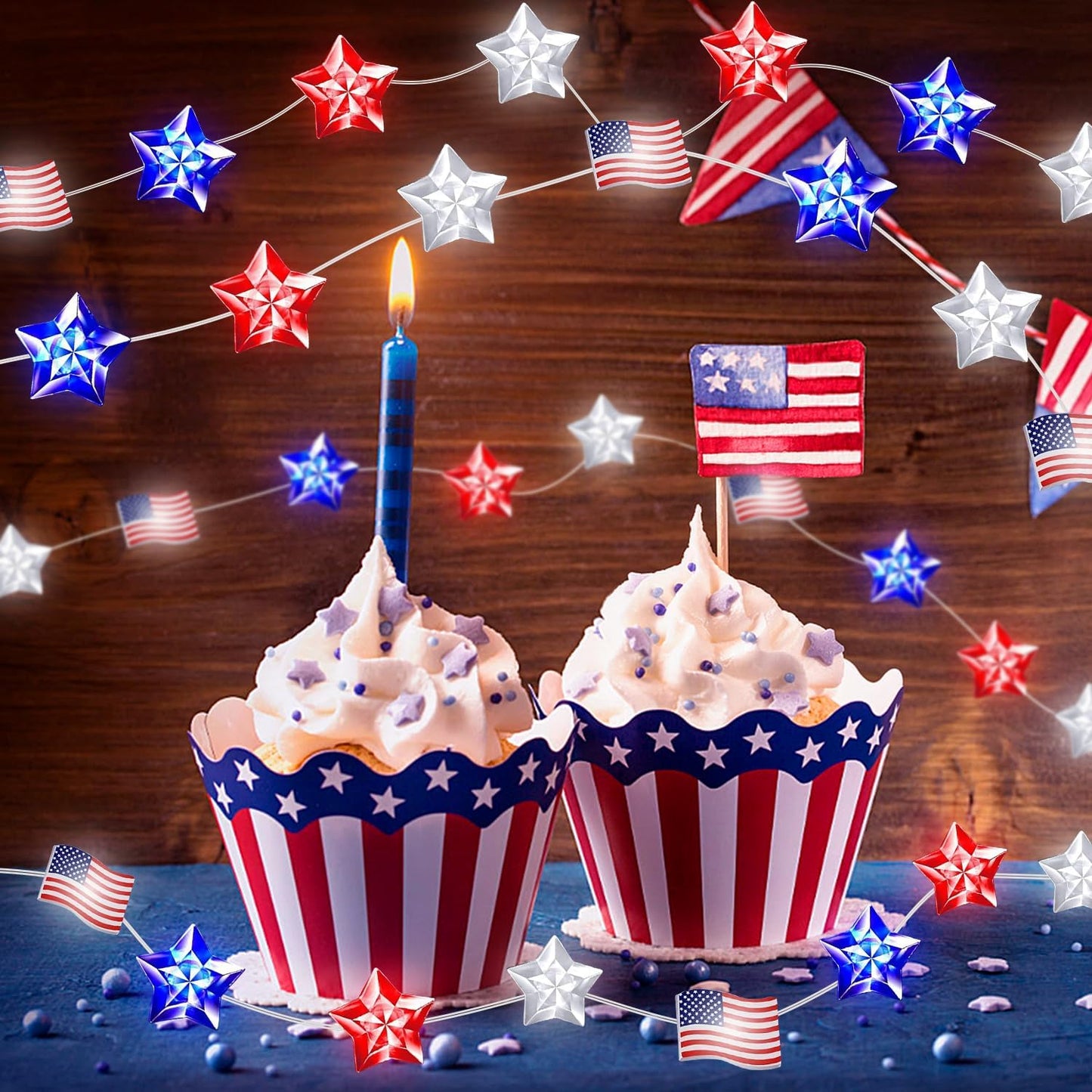 2 100 4th 34Ft 8 PASUTO Pcs LED of July Decorations American Flag & Star Fairy Lights Battery Operated, Mini Red White