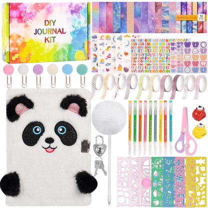 LiYiQ Plush Panda Diary Gift Travel Journal Secret Diary with Scrapbook Paper Stickers Journal Stencils Pompom Pen and Washi Tape Practical Set Gift for Birthday Christmas